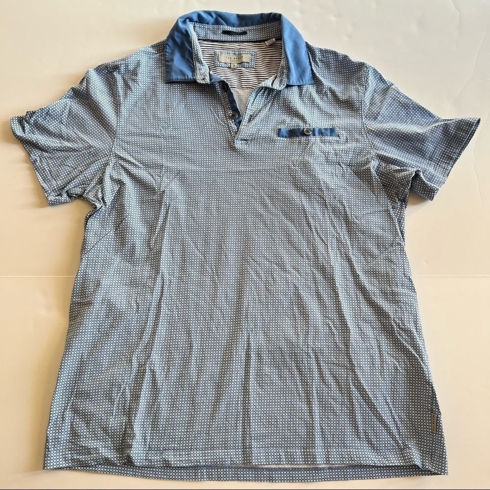 Men's Ted Baker London T-shirt Pocket Polo In Geometric Blue & White Print Sz 5